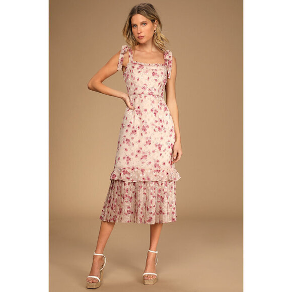 Lulus Dresses & Skirts - Lulus Terrace Views Taupe Floral Print Tiered Midi Dress - Size XS